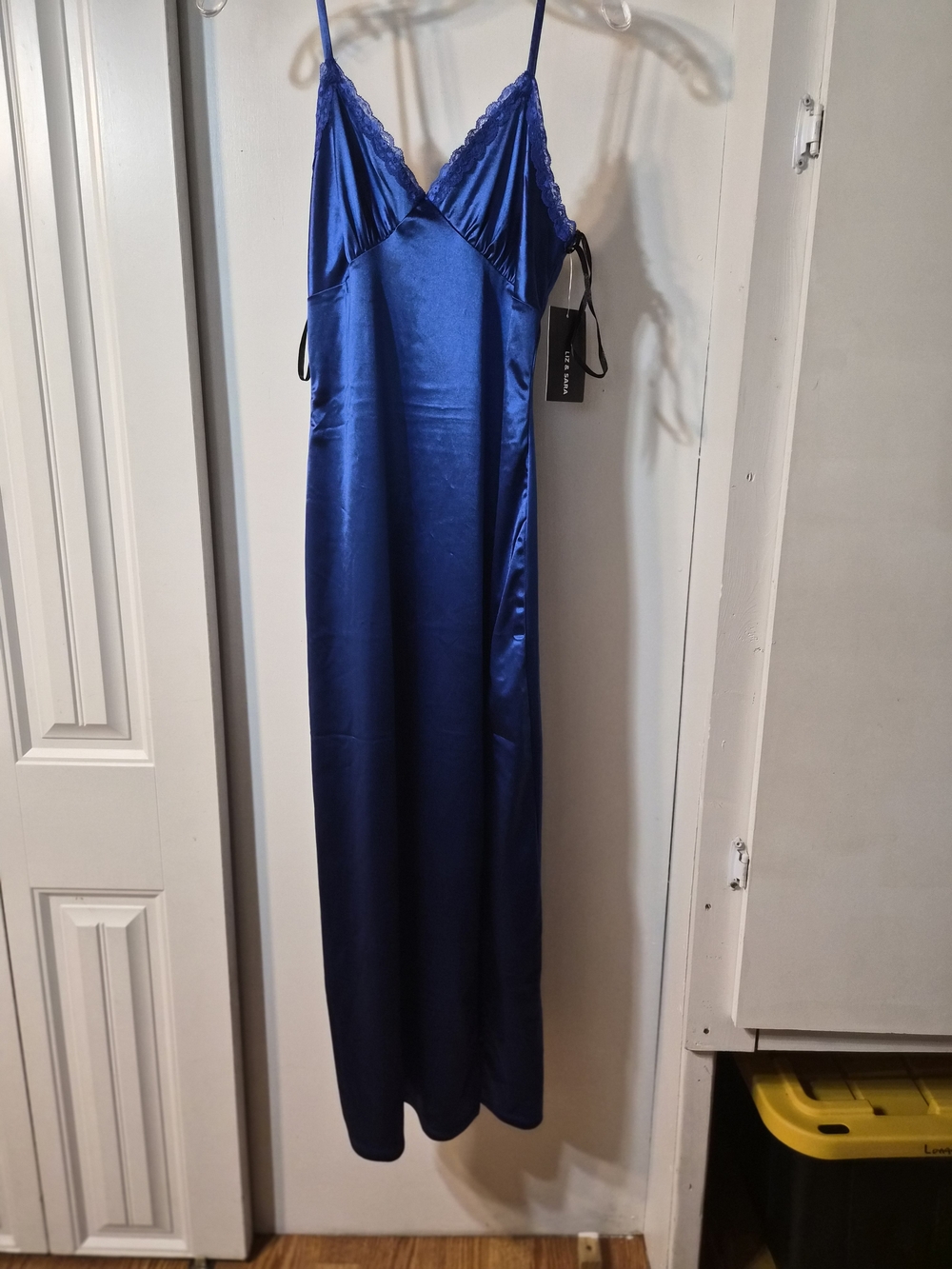 Sleek Cobalt Satin Maxi Slip Dress with Lace Accents